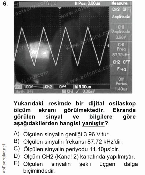 6. soru: M Pos: 0.00us Measure aofsa CH2 OFF Amplitude CHI Amplitude 3.96V CHI Freq 87.72kHz CH2 OFF fsorurcom /ww.aofsoru.com…