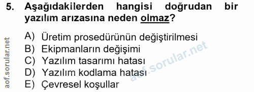 5. soru: Aşağıdakilerden hangisi doğrudan bir yazılım arızasına neden olmaz? A) Üretim prosedürünün değiştirilmesi B) Ekipmanl…