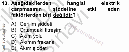 13. soru: Aşağıdakilerden hangisi elektrik çarpmasının şiddetine etki eden faktörlerden biri değildir? A) Gerilim şiddeti B) Or…