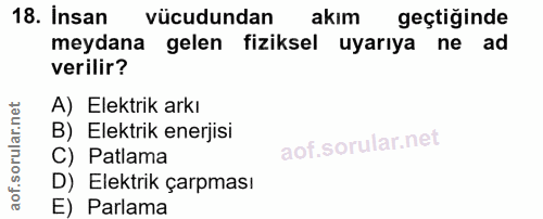 18. soru: Insan vücudundan akım geçtiginde meydana gelen fiziksel uyarıya ne ad verilir? A) Elektrik arkı B) Elektrik enerjisi…