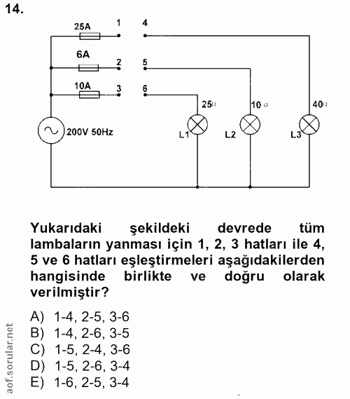 14. soru: 25A 6A 10A 250 10 - 401 / 200V 50Hz L1 L2 L3 Yukarıdaki şekildeki devrede tüm lambaların yanması için 1, 2, 3 hatları…