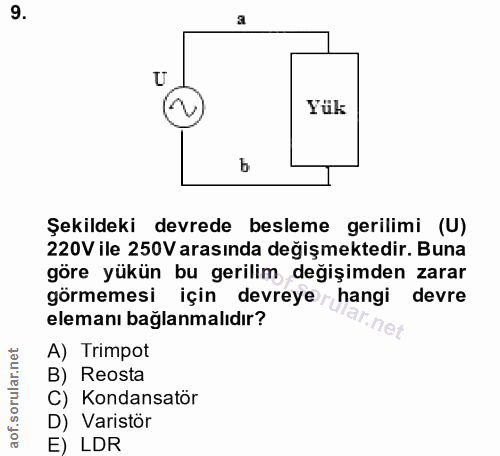 9. soru: Yük b Şekildeki devrede besleme gerilimi (U) 220V ile 250V arasında değişmektedir. Buna göre yükün bu gerilim değişim…