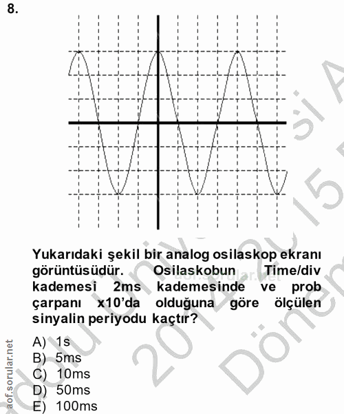8. soru: S Yukarıdaki şekil bir analog osilaskop ekranı görüntüsüdür. Osilaskobun Time/div kademesi 2ms, kademesinde ve prob ç…