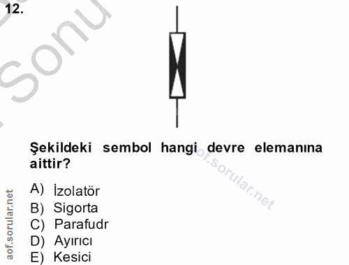 12. soru: Sonu 12. Şekildeki sembol hangi devre elemanına aittir? A) İzolatör ular.net B) Sigorta C) Parafudr D) Ayırıcı E) Kesici