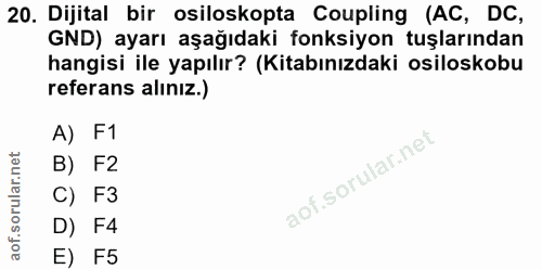 20. soru: Dijital bir osiloskopta Coupling (AC, DC, GND) ayarı aşağıdaki fonksiyon tuşlarından hangisi ile yapılır? (Kitabınızd…