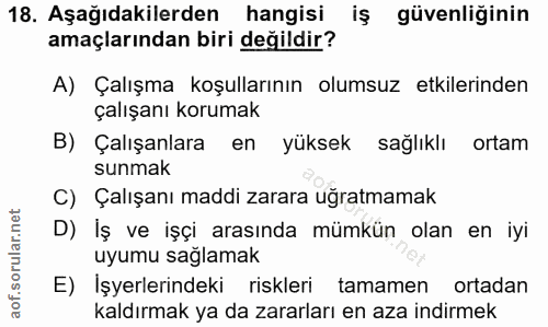 18. soru: Aşağıdakilerden hangisi iş güvenliğinin amaçlarından biri değildir? A) Çalışma koşullarının olumsuz etkilerinden çalı…