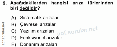 9. soru: Aşağıdakilerden hangisi arıza türlerinden biri değildir? A) Sistematik arızalar B) Çevresel arızalar C) Yazılım arıza…