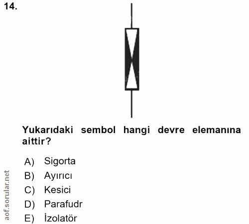 14. soru: Yukarıdaki sembol hangi devre elemanına aittir? A) Sigorta B) Ayırıcı C) Kesici D) Parafudr E) İzolatör