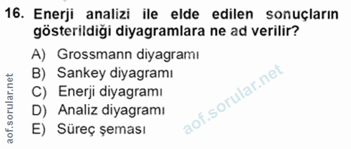 16. soru: Enerji analizi ile elde edilen sonuçların gösterildiği diyagramlara ne ad verilir? A) Grossmann diyagramı B) Sankey d…