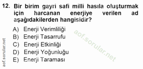 12. soru: Bir birim gayri safi milli hasıla oluşturmak için harcanan enerjiye verilen ad aşağıdakilerden hangisidir? A) Enerji…