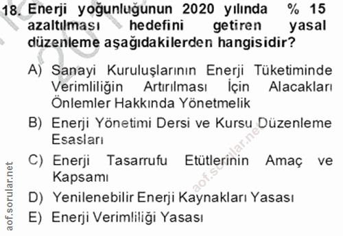 18. soru: Enerji yoğunluğunun 2020 yılında % 15 azaltılması % hedefini getiren yasal düzenleme aşağıdakilerden hangisidir? A) S…