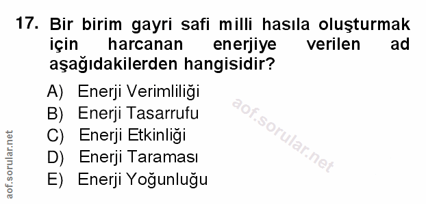 17. soru: Bir birim gayri safi milli hasıla oluşturmak için harcanan enerjiye verilen ad aşağıdakilerden hangisidir? A) Enerji…