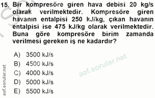 15. soru: Bir kompresöre giren hava debisi 20 kg/s olarak verilmektedir. Kompresöre giren havanın entalpisi 250 KJ/kg, çıkan ha…