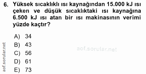6. soru: Yüksek sıcaklıklı ısı kaynağından 15.000 KJ ISI çeken ve düşük sıcaklıktaki ısı kaynağına 6.500 kJ ısı atan bir ısı m…