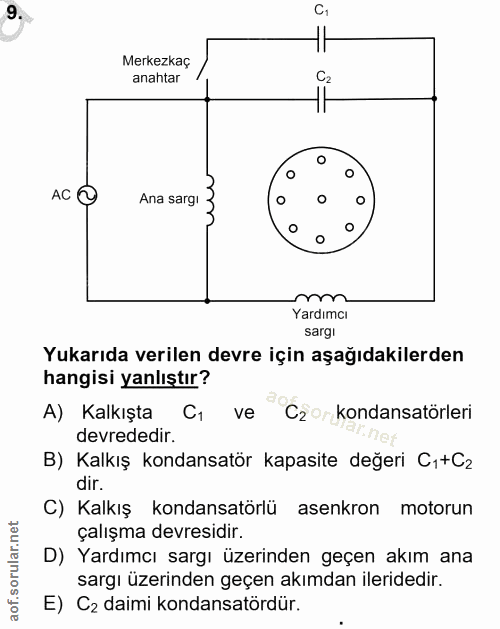 9. soru: Merkezkaç anahtar C2 AC O Ana sargi Yardımcı sargi Yukarıda verilen devre için aşağıdakilerden hangisi yanlıştır? A)…