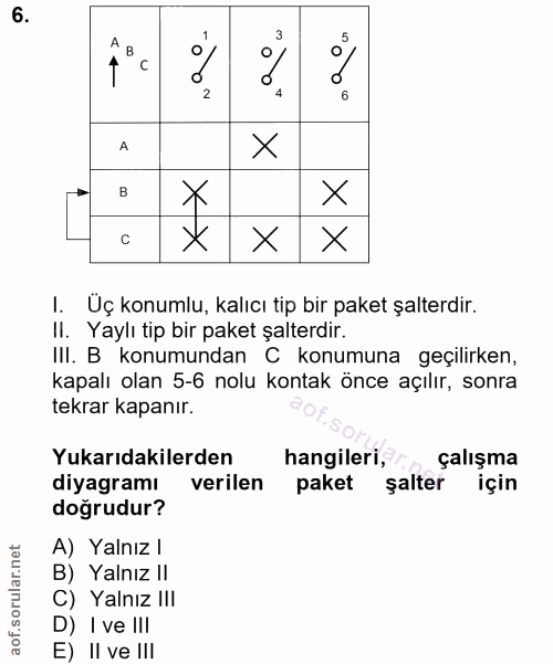 6. soru: A 1 A X X X X I. Üç konumlu, kalıcı tip bir paket şalterdir. II. Yaylı tip bir paket şalterdir. IlI. B konumundan C k…