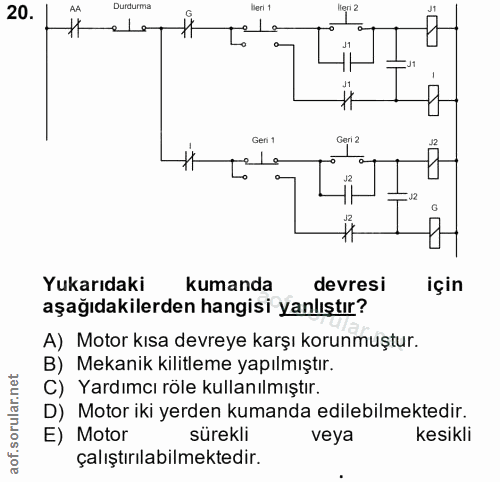 20. soru: Durdurma beri 1 elé علما :11 Geri 1 Geri 2 علما 12 - Yukarıdaki kumanda devresi için aşağıdakilerden hangisi yanlıştı…