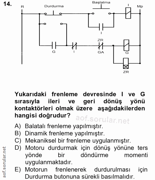 14. soru: Başlatma R Durdurma Mp ZR GA ZR Yukarıdaki frenleme devresinde | ve G sırasıyla ileri ve geri dönüş yönü kontaktörler…