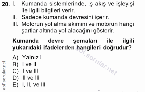 20. soru: I. Kumanda sistemlerinde, iş akış ve işleyişi ile ilgili bilgileri verir. II. Sadece kumanda devresini içerir. III. M…