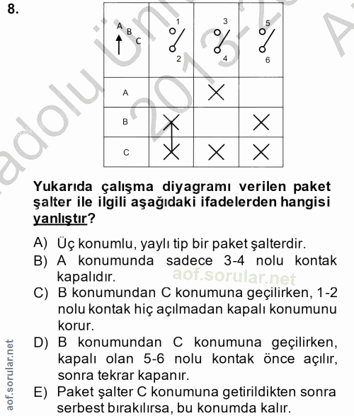 8. soru: X B X X Yukarıda çalışma diyagramı verilen paket şalter ile ilgili aşağıdaki ifadelerden hangisi yanlıştır? A) Üç kon…