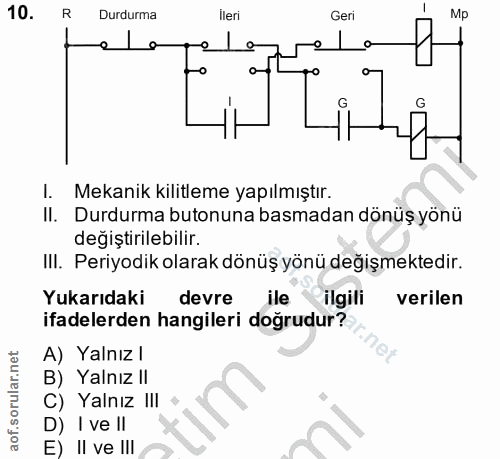 10. soru: R Durdurma İleri Geri Mp I. Mekanık kılıtleme yapılmıştır. II. Durdurma butonuna basmadan dönüş yönü değiştirilebilir…