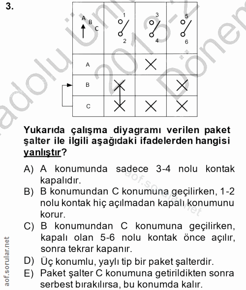3. soru: 2 X X C X X Yukarıda çalışma diyagramı verilen paket şalter ile ilgili aşağıdaki ifadelerden hangisi yanlıştır? A) A…