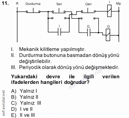 11. soru: R Durdurma ileri Geri Mp I. Mekanık kılıtleme yapılmıştır. II. Durdurma butonuna basmadan dönüş yönü değiştirilebilir…