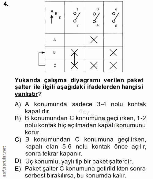 4. soru: A 2 X X X X Yukarıda çalışma diyagramı verilen paket şalter ile ilgili aşağıdaki ifadelerden hangisi yanlıştır? A) A…