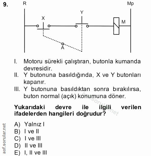 9. soru: R Mp Y M A... I. Motoru sürekli çalıştıran, butonla kumanda devresidir. II. Y butonuna basıldığında, X ve Y butonları…