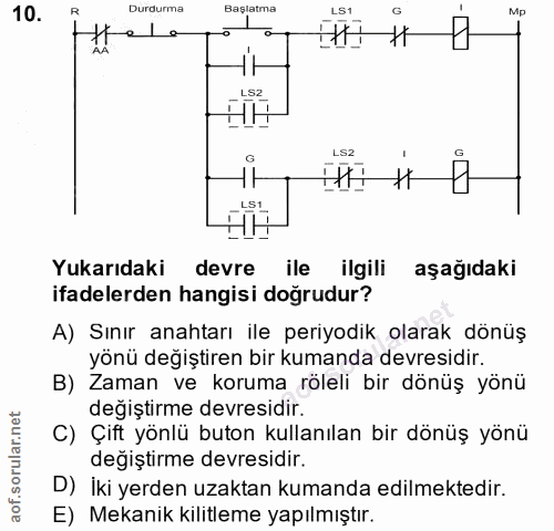 10. soru: R Durderma Başlatma LS1 Mp el e LS2 LS2 Yukarıdaki devre ile ilgili aşağıdaki ifadelerden hangisi dogrudur? A) Sınır…