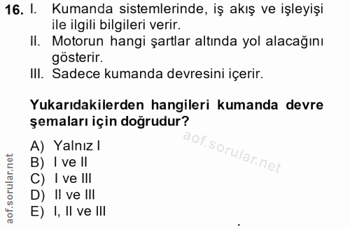 16. soru: I. Kumanda sistemlerinde, iş akış ve işleyişi ile ilgili bilgileri verir. II. Motorun hangi şartlar altında yol alaca…
