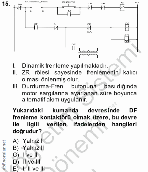 15. soru: urdurtu eren Baglatmo Mp 15. ZR M H GA I. Dinamik frenleme yapılmaktadır. II. ZR rölesi sayesinde frenlemenin kalıcı…