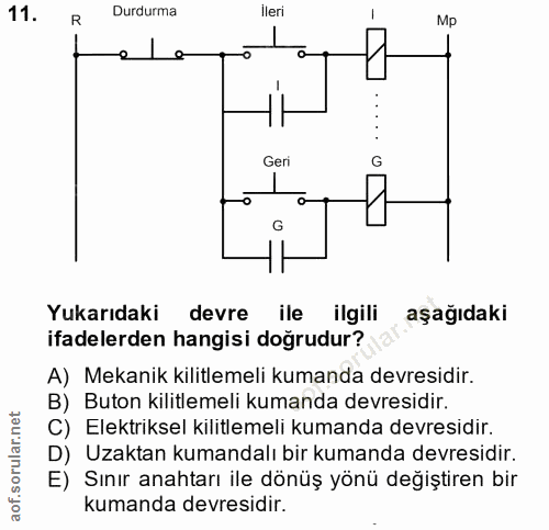 11. soru: Durdurma ileri R Mp Geri G G Yukarıdaki devre ile ilgili aşağıdaki ifadelerden hangisi doğrudur? A) Mekanik kilitleme…