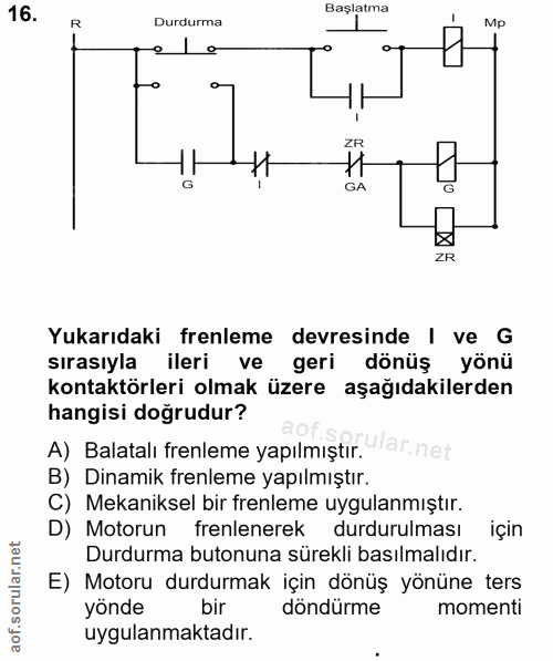 16. soru: Başlatma R Durdurma Mp ZR GA ZR Yukarıdaki frenleme devresinde I ve G sırasıyla ileri ve geri dönüş yönü kontaktörler…