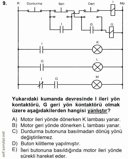 9. soru: R Durdurma İleri Geri Mp 8 G G M Yukarıdaki kumanda devresinde | ileri yön kontaktörü, G geri yön kontaktörü olmak üz…