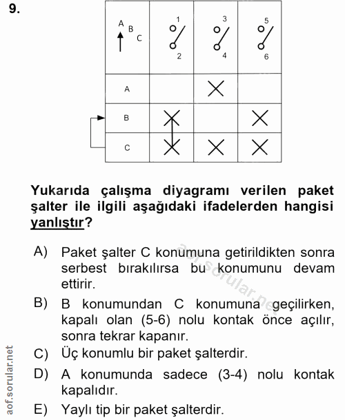 9. soru: 3 B 1 A X B X X Yukarıda çalışma diyagramı verilen paket şalter ile ilgili aşağıdaki ifadelerden hangisi yanlıştır? A…