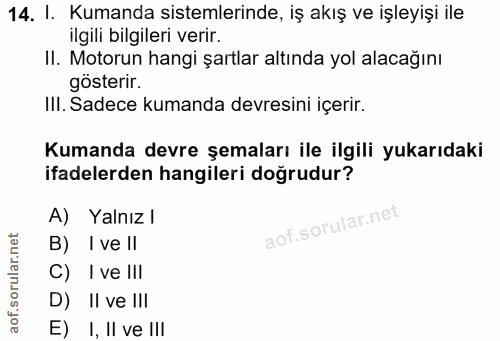 14. soru: I. Kumanda sistemlerinde, iş akış ve işleyişi ile ilgili bilgileri verir. II. Motorun hangi şartlar altında yol alaca…