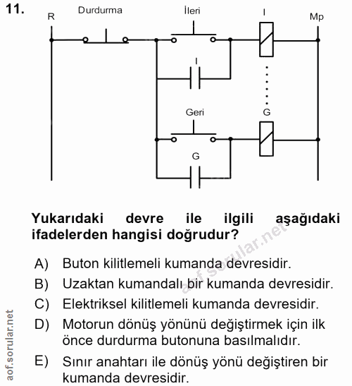 11. soru: R Durdurma Ileri Mp Geri G Yukarıdaki devre ile ilgili aşağıdaki ifadelerden hangisi doğrudur? A) Buton kilitlemeli k…