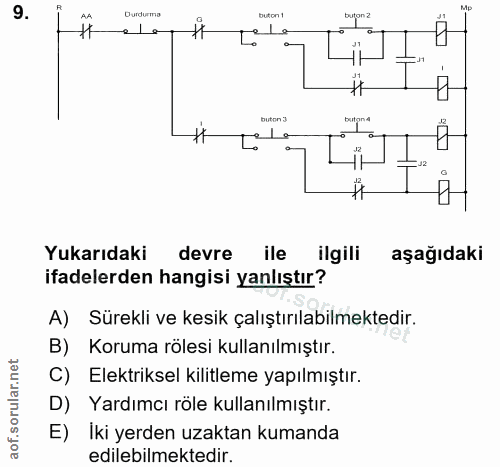 9. soru: Durdurma ( مما Dures Yukarıdaki devre ile ilgili aşağıdaki ifadelerden hangisi yanlıştır? A) Sürekli ve kesik çalıştı…