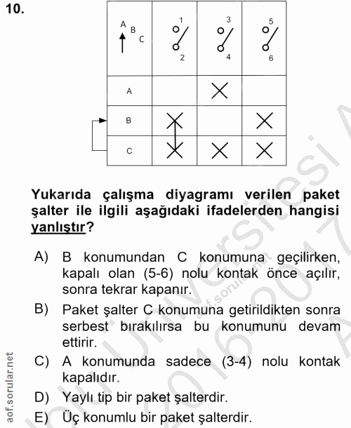 10. soru: 2 4 X X X X Yukarıda çalışma diyagramı verilen paket şalter ile ilgili aşağıdaki ifadelerden hangisi yanlıştır? A) B…