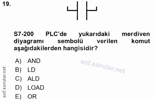 19. soru: S7-200 PLC'de yukarıdaki merdiven diyagramı sembolü verilen komut aşağıdakilerden hangisidir? A) AND B) LD aof.sorula…
