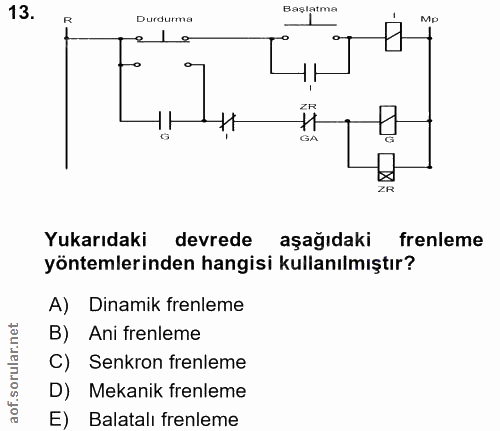 13. soru: Başlatma R Durdurma Mp GA Yukarıdaki devrede aşağıdaki frenleme yöntemlerinden hangisi kullanılmıştır? A) Dinamik fre…