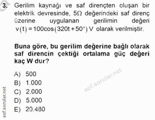 3. soru: Gerilim kaynağı ve saf dirençten oluşan bir elektrik devresinde, 55 değerindeki saf direnç üzerine uygulanan gerilimi…