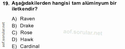 19. soru: Aşağıdakilerden hangisi tam alüminyum bir iletkendir? A) Raven ar.net B) Drake C) Rose of. D) Hawk E) Cardinal