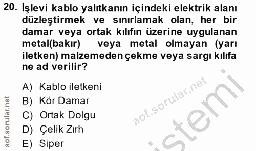 20. soru: İşlevi kablo yalıtkanın içindeki elektrik alanı düzleştirmek ve sınırlamak olan, her bir damar veya ortak kılıfın üze…