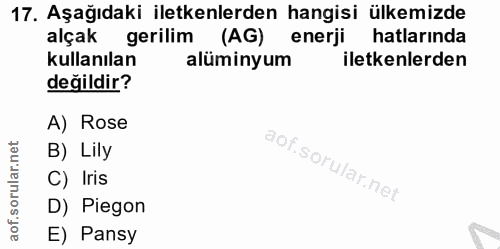 17. soru: Aşağıdaki iletkenlerden hangisi ülkemizde alçak gerilim (AG) enerji hatlarında kullanılan alüminyum iletkenlerden değ…