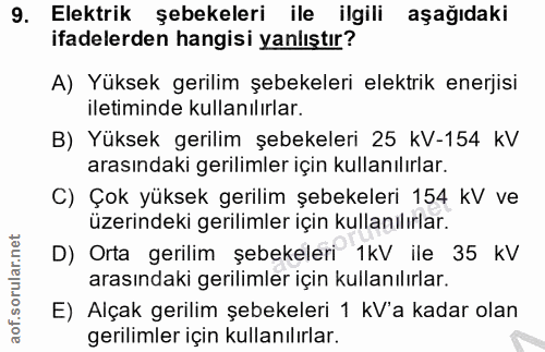 9. soru: Elektrik şebekeleri ile ilgili aşağıdaki ifadelerden hangisi yanlıştır? A) Yüksek gerilim şebekeleri elektrik enerjis…