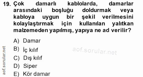 19. soru: Çok damarlı kablolarda, damarlar arasındaki boşluğu doldurmak veya kabloya uygun bir şekil verilmesini kolaylaştırmak…