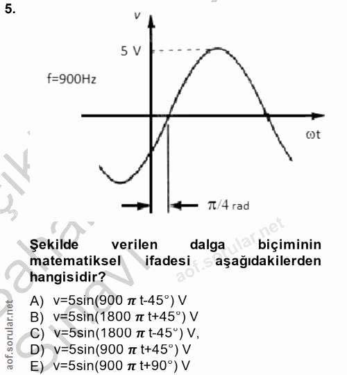 5. soru: V 5 V f=900Hz ot T/4 rad Şkilde verilen dalga biçiminin matematiksel ifadesi s aşağıdakilerden hangisidir? A) v=5sin(…