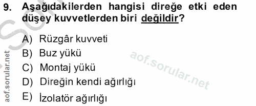 9. soru: Aşağıdakilerden hangisi direğe etki eden düşey kuvvetlerden biri değildir? A) Rüzgâr kuvveti B) Buz yükü C) Montaj yü…